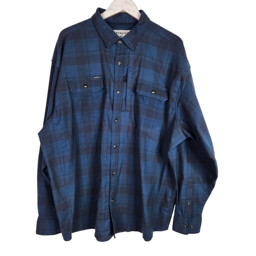 PONCHO Shirt Mens 2XL Blue Plaid Magnetic Pockets Regular Fit Twill Button Up - Picture 1 of 10
